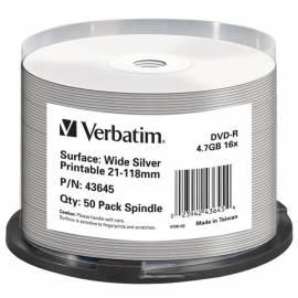 Datasheet Festplatte Verbatim DVD-R 4,7 GB 16 x Thermo Printable glänzend Silber 50-Kuchen