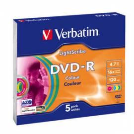 Festplatte Verbatim DVD-R(5-pack) LightScribe/Farbe/Slim/16 X / 4, 7 GB Bedienungsanleitung